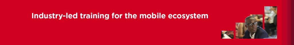 A red banner with the white text “Industry-led training for the mobile ecosystem.” On the right, there are small cropped photos of people, including one person wearing glasses, attending what appears to be a training or seminar.