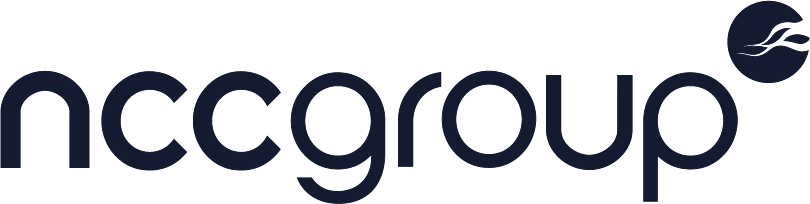The image shows the "nccgroup" logo in lowercase, bold, dark blue letters with rounded edges. To the upper right of the text is a circular icon featuring a stylized white flame or swoosh design on a dark blue background.
