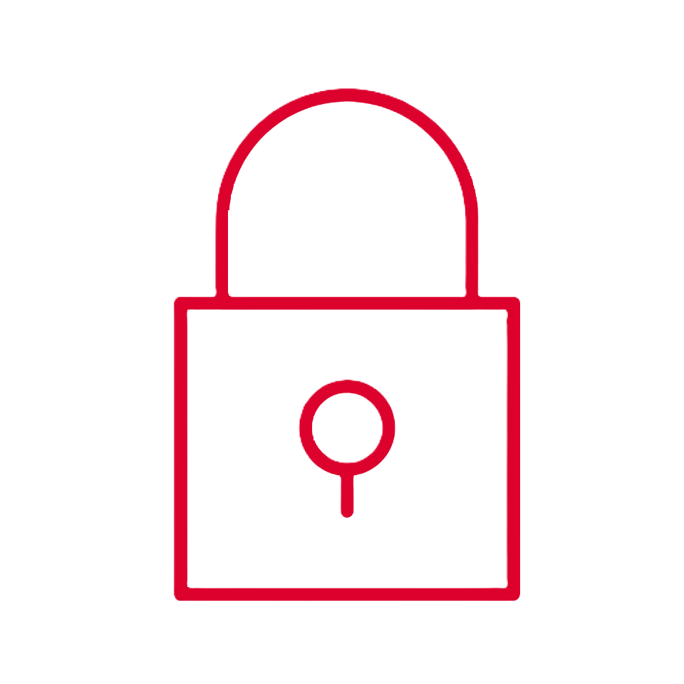 A simple red outline of a padlock is centered on a light gray background. The padlock has a rectangular body with a circular keyhole in the middle and a curved shackle on top.