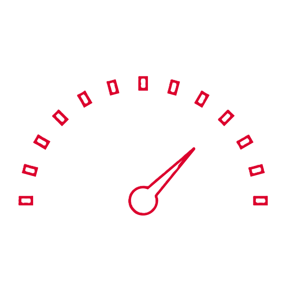 A red speedometer icon on a light grey background, with a needle pointing to the upper right, indicating a high level or fast speed. The semicircular gauge has evenly spaced rectangular markings along its arc.