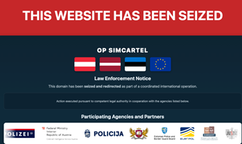 A red banner with white text reads, "THIS WEBSITE HAS BEEN SEIZED." Below, flags of Austria, Poland, Latvia, and the EU appear over a notice stating the domain was seized in a coordinated law enforcement operation. Agency logos are displayed at the bottom.