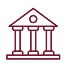 A simple maroon line drawing of a classical building with three columns and a triangular pediment, symbolizing institutions like banks or courthouses, represents the trust and security offered by GSMA Services on a light gray background.