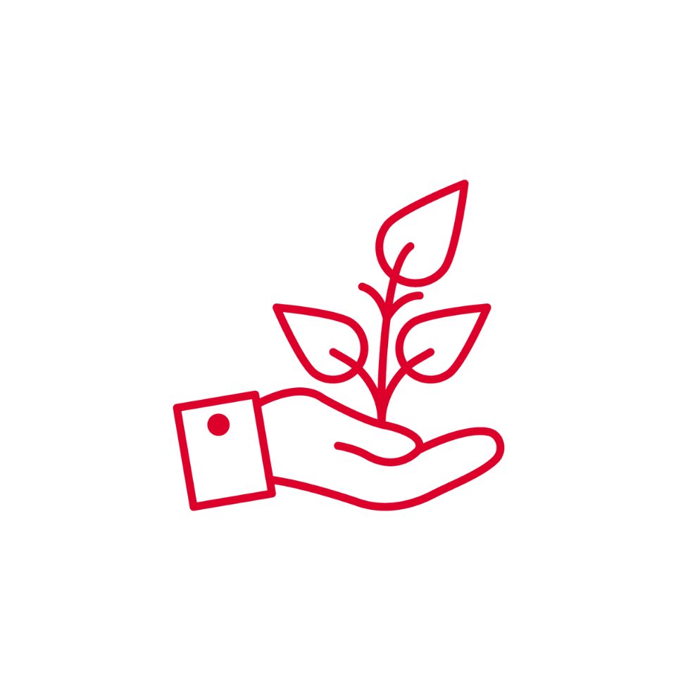 A red line drawing shows an open hand with a cuff holding a small plant with three leaves. The background is plain white, and the style is minimalistic and simple, symbolizing growth, care, or environmental protection.