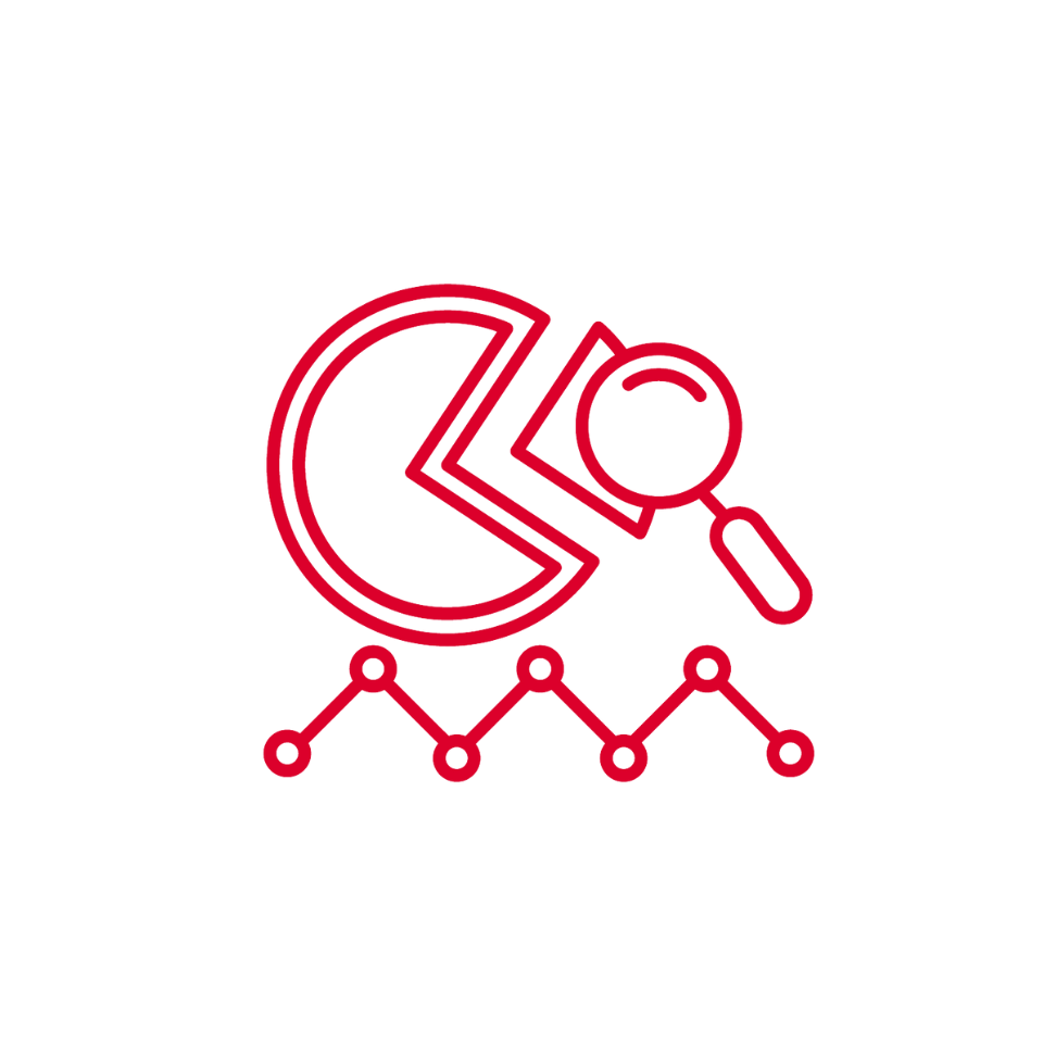 A red line drawing shows a pie chart with a slice separated, a magnifying glass examining the chart, and a zigzag line graph with six dots beneath, all on a white background. This represents analyzing statistical or financial data.