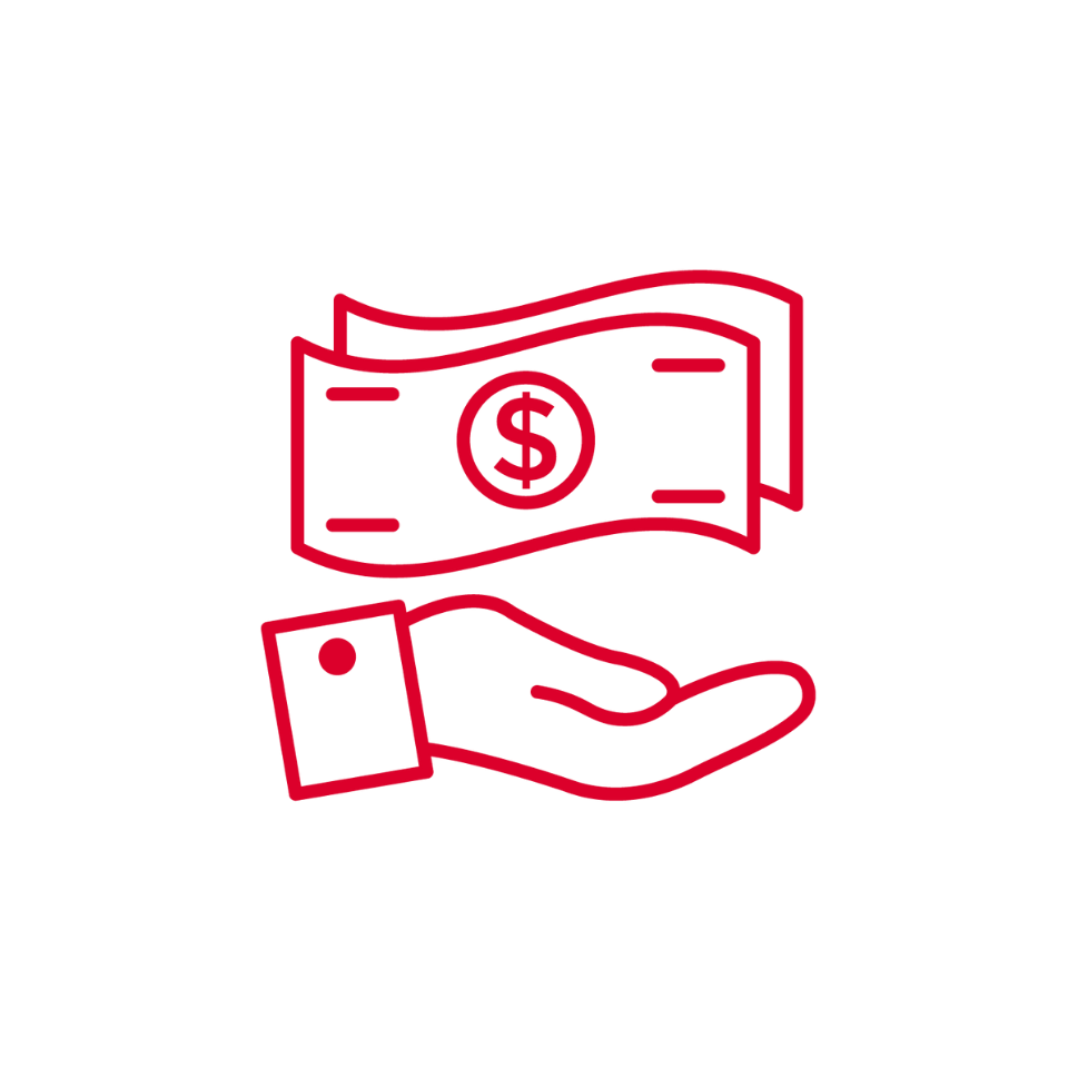 A red outline drawing shows an open hand facing upward with two paper bills, marked with a dollar sign ($), floating above it. The background is plain white, and the style is minimalistic and symbolic, representing giving or receiving money.
