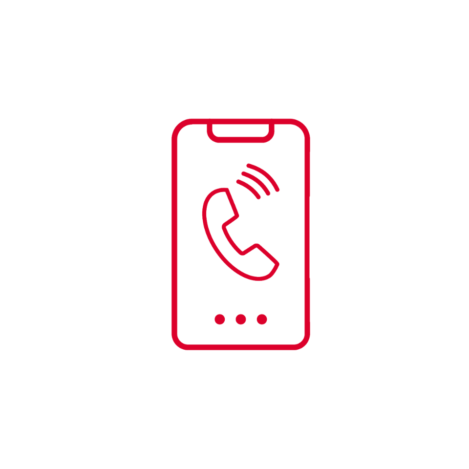 Red line drawing of a smartphone with three dots at the bottom, displaying a phone receiver icon in the center with signal lines indicating an incoming or outgoing call, all on a plain white background.