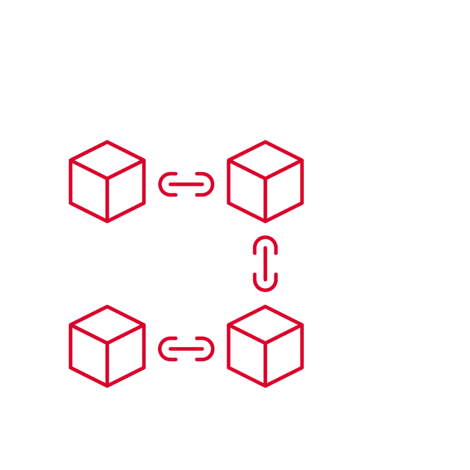 Four red 3D cubes are shown in pairs on a light gray background. Each pair is connected by a red chain link. The two chain links are vertically aligned but not connected to each other, suggesting a break in a sequence.