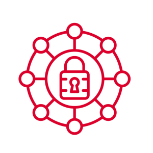A red outline of a padlock is centered within a circle, surrounded by an interconnected ring of smaller circles, symbolizing network security or cybersecurity. The background is plain and light-colored.
