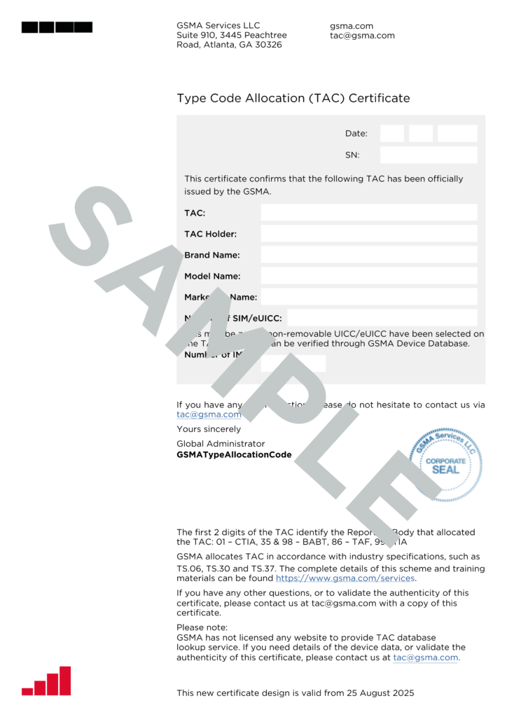 A TAC certificate sample document with a diagonal "SAMPLE" watermark. It lists certificate details, including GSM Association info, TAC code, model, manufacturer, and administrator details. There's a blue approval seal and text about TAC allocation, validity, and verification instructions.