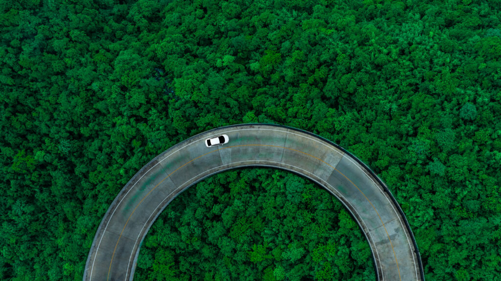A white car drives on a curved, elevated road through dense, lush green forest. The photo is taken from above, highlighting the road’s arc and the vibrant foliage surrounding it. No other vehicles or buildings are visible.