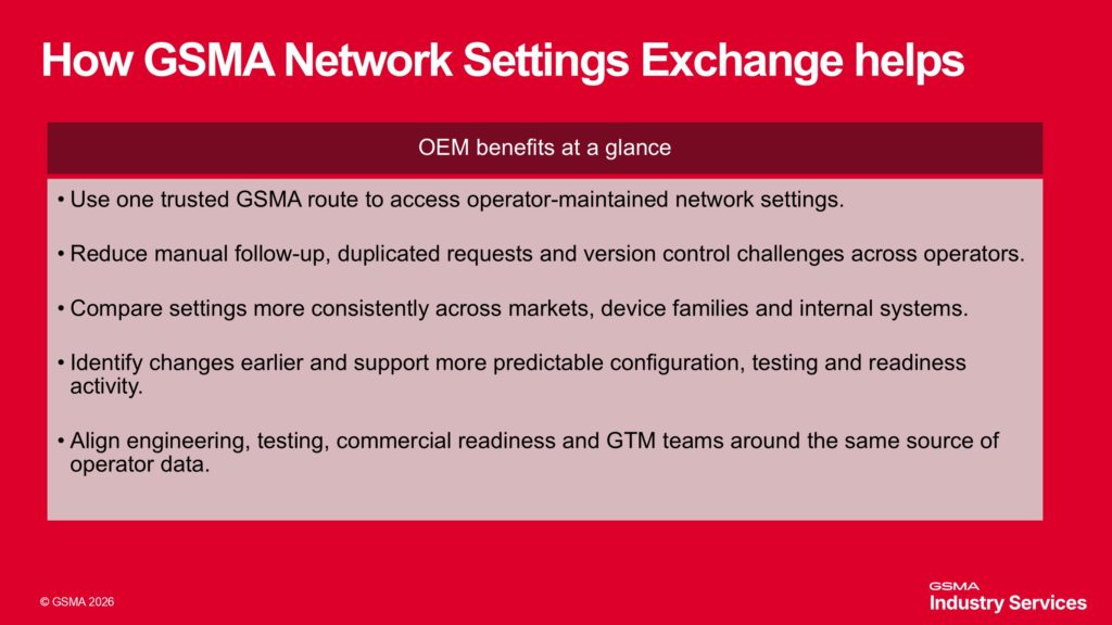 OEM benefits at a glance
• Use one trusted GSMA route to access operator-maintained network settings.
• Reduce manual follow-up, duplicated requests[CS1.1] and version control challenges across operators.
• Compare settings more consistently across markets, device families and internal systems.
• Identify changes earlier and support more predictable configuration, testing and readiness activity.
• Align engineering, testing, commercial readiness and GTM teams around the same source of operator data.
