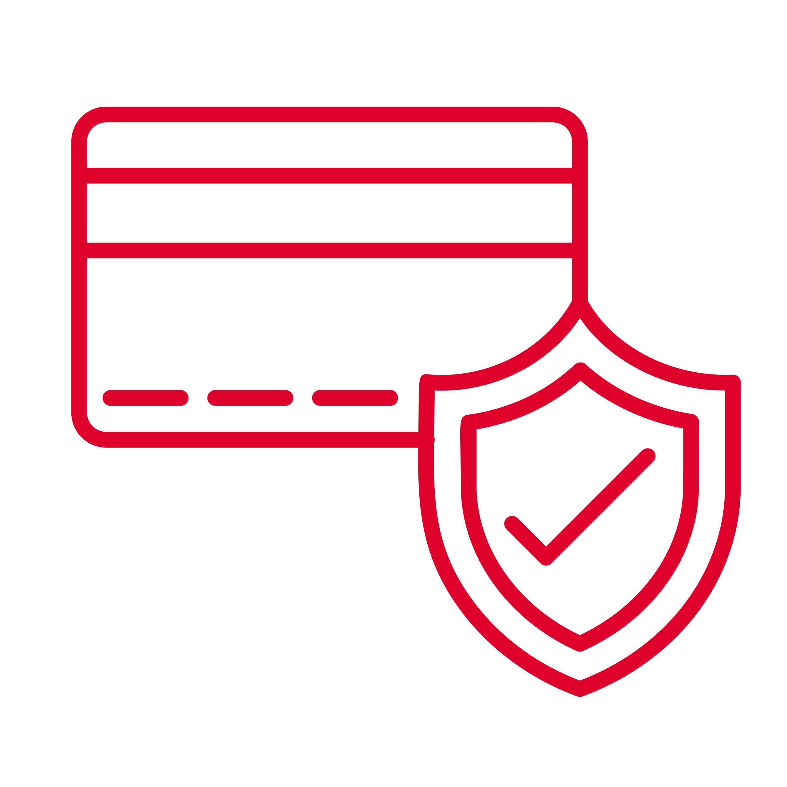 A red line-art icon showing a credit card partially covered by a shield. The shield features a centered checkmark, symbolizing secure payment.