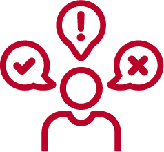 Red outline of a person with three speech bubbles above their head: one with a checkmark, one with an exclamation mark, and one with an X, symbolizing decision-making or choices. White background.