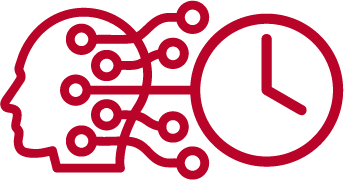 A red outline of a human head with circuit-like lines connecting to a clock, symbolizing the connection between technology, the mind, and time.