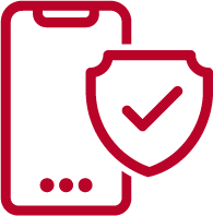 Red outline of a smartphone with three dots at the bottom, next to a large shield featuring a checkmark, symbolizing mobile security or phone protection. The background is light gray.